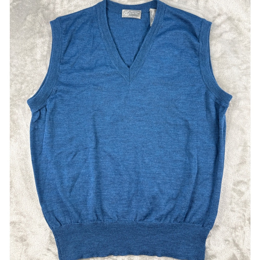 VTG Lord & Taylor Merino Wool Sweater Vest Mens L V-Neck Blue Made in Italy EUC